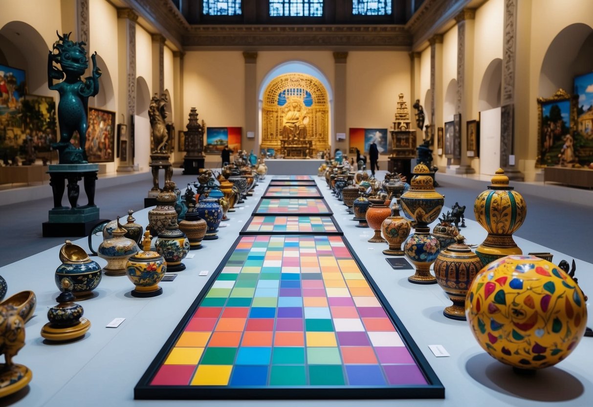 A colorful palette of art and cultural artifacts displayed in a grand exhibition hall, surrounded by intricate sculptures and vibrant paintings