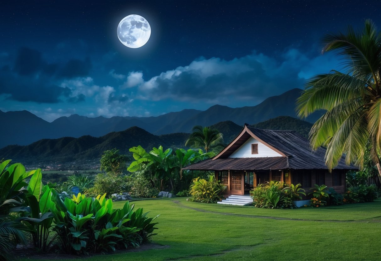 A moonlit landscape of the Philippines, with lush tropical vegetation and a traditional Filipino house, set against a backdrop of mountains and a starry sky