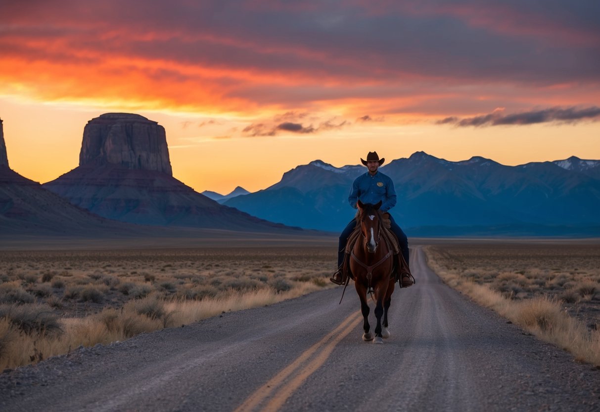 A lone cowboy rides through a vast, rugged landscape, with towering mountains in the distance and a vibrant sunset casting warm hues across the sky