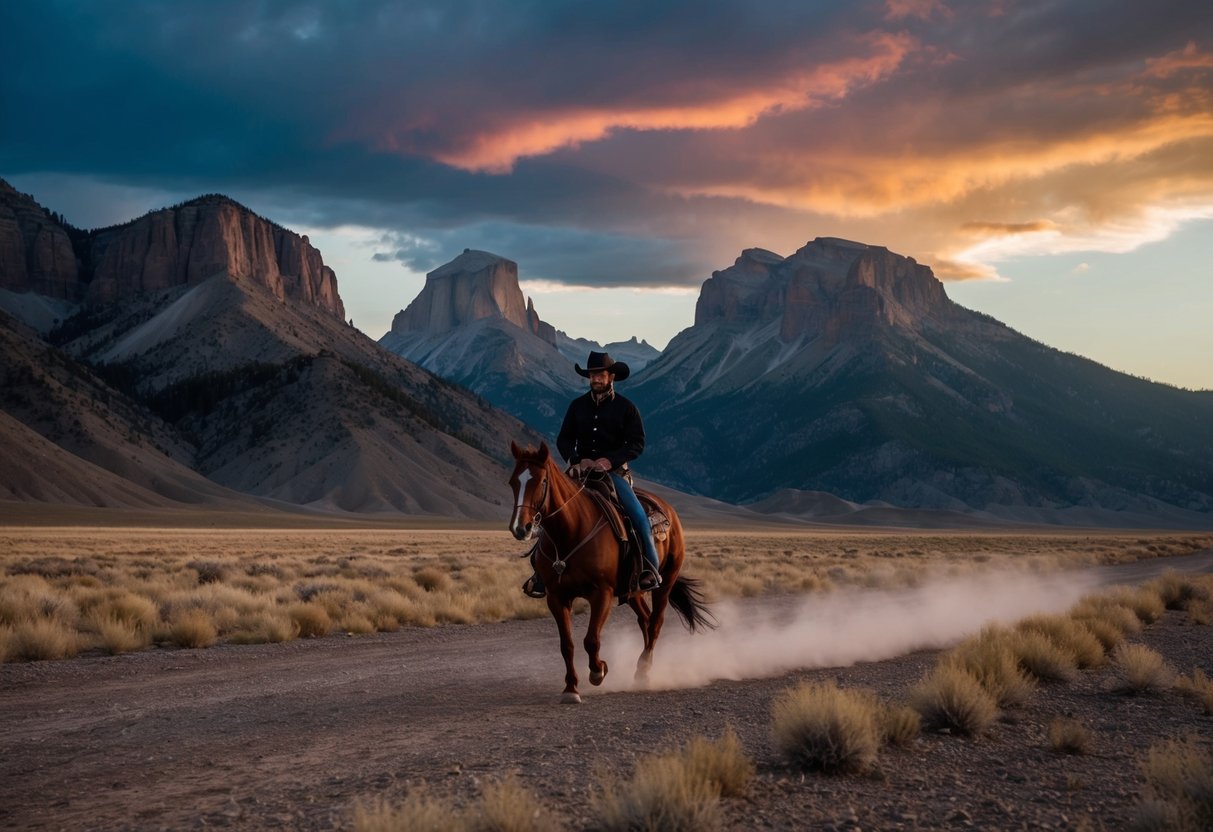 A lone cowboy rides through a vast, rugged landscape with towering mountains and a dramatic, colorful sky