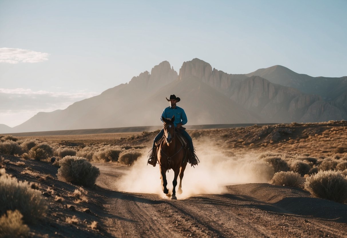 A lone cowboy rides through a rugged, sun-drenched landscape, with towering mountains and a vast, open sky in the background