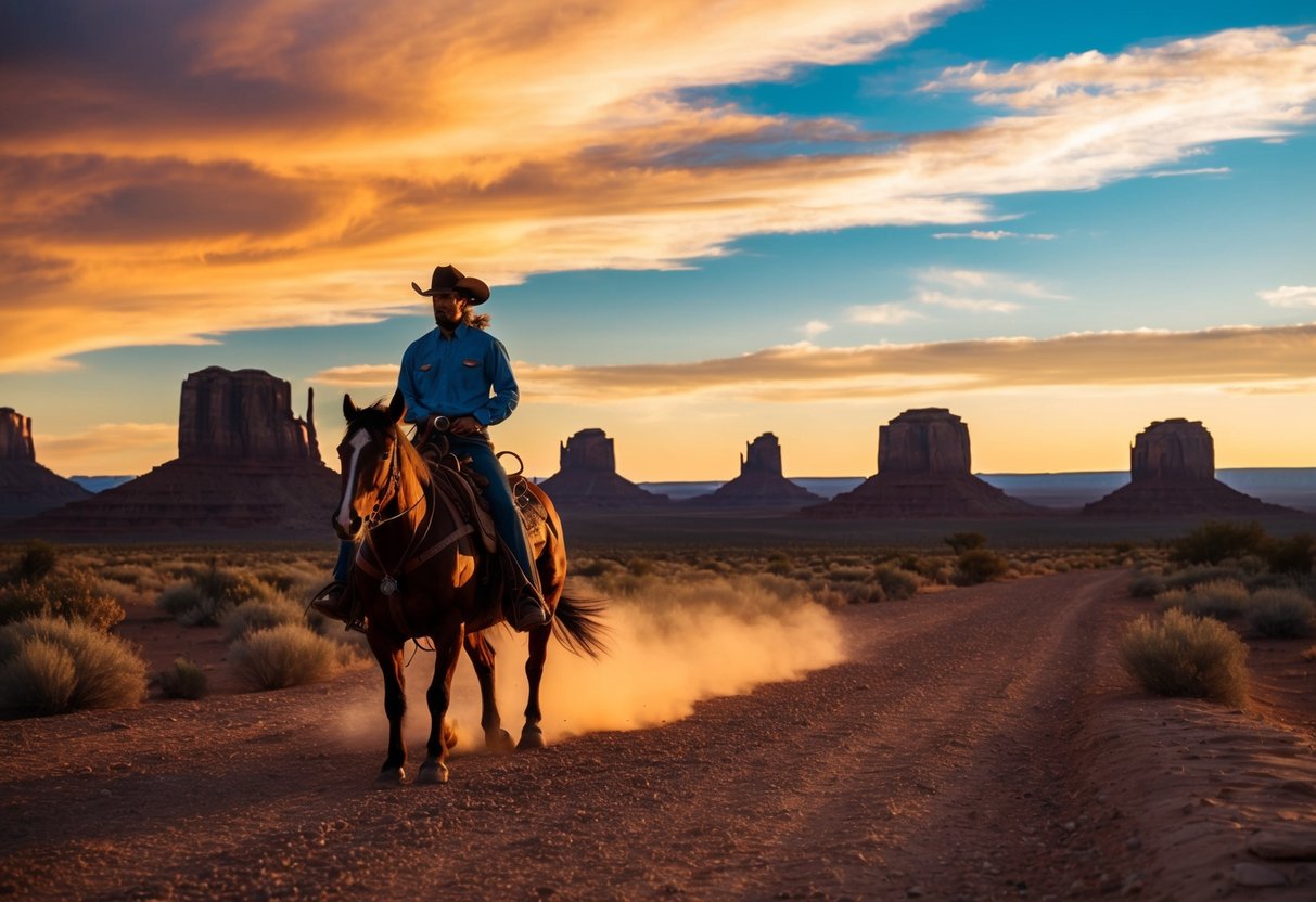 A lone cowboy rides through a rugged, sun-drenched desert canyon, with majestic buttes and mesas in the background. The sky is a vibrant mix of warm oranges and deep blues, capturing the essence of the American frontier