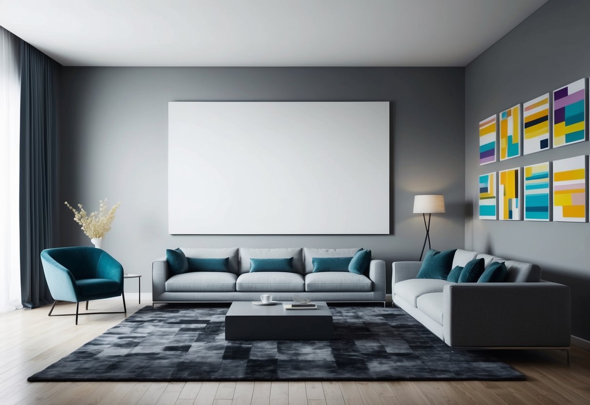 A modern living room with a large blank wall, featuring a sleek sofa, a statement rug, and a gallery of colorful abstract canvas art