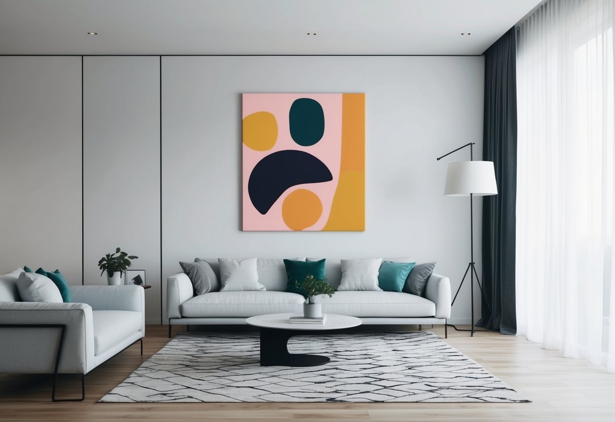 A modern living room with a large canvas art piece hanging on a clean, white wall. The art features bold colors and abstract shapes, adding a stylish focal point to the room