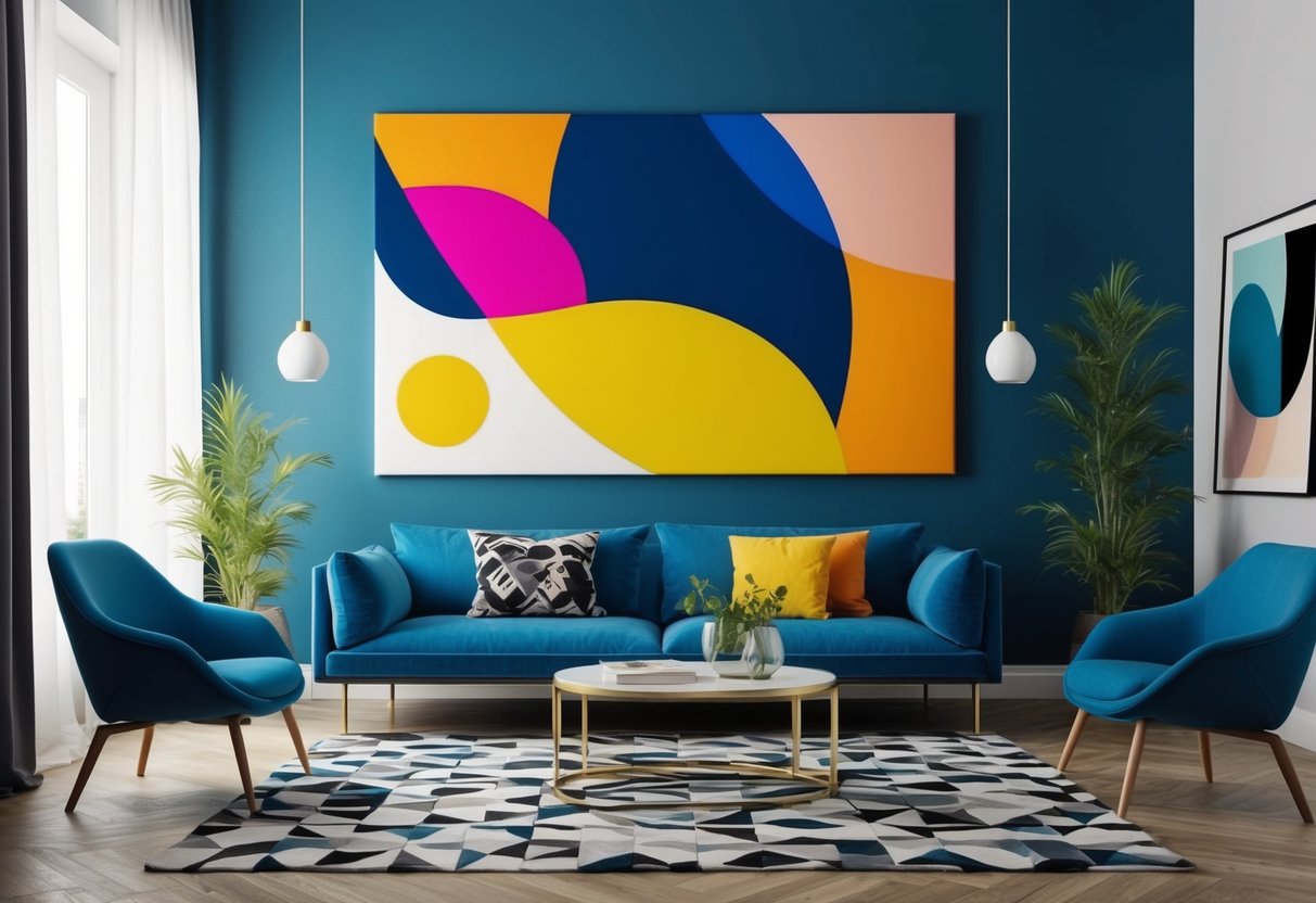 A vibrant, abstract canvas art piece with bold colors and dynamic shapes, creating a modern and stylish focal point for any room