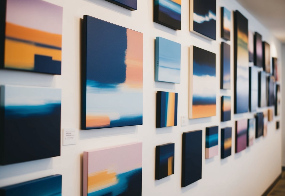 A variety of art canvases are hung and arranged on a wall, creating a stylish and visually appealing display