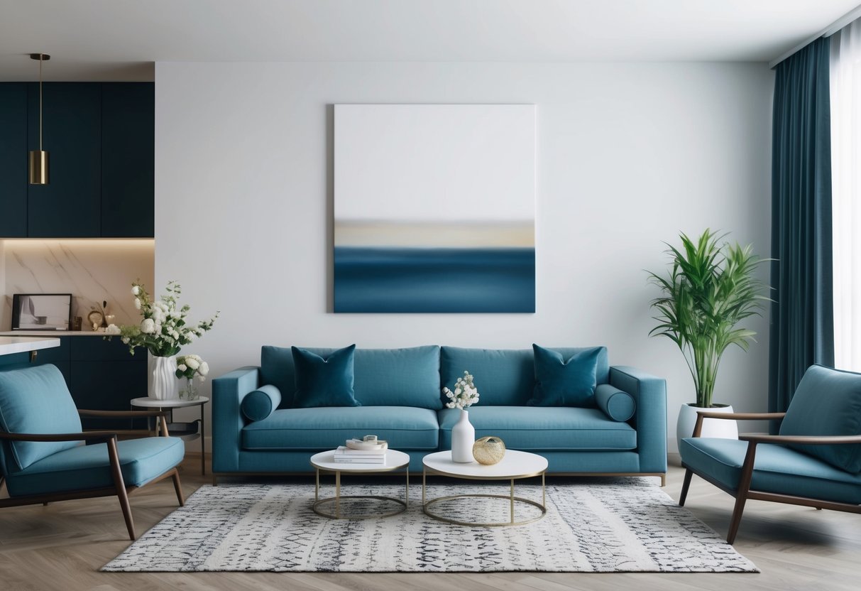 A modern living room with a blank wall, featuring a large canvas art piece as the focal point, surrounded by stylish decor and furniture