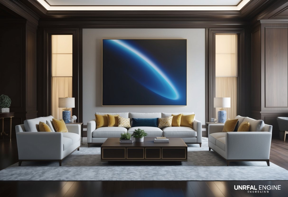 A grand living room with a large canvas print dominating the wall, commanding attention with its bold and powerful presence