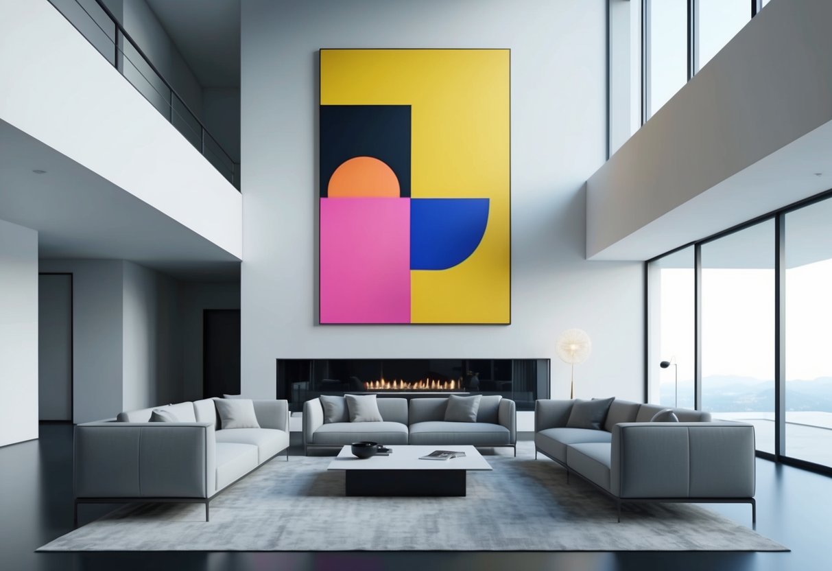 A spacious, modern living room with high ceilings and minimalist decor, featuring a large, vibrant canvas print as the focal point above a sleek sofa