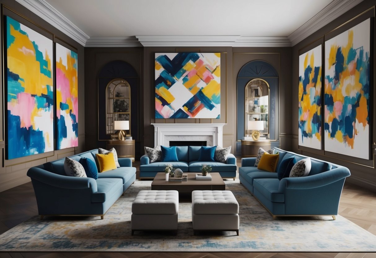 A grand living room adorned with large canvas prints, showcasing vibrant colors and intricate details, making a bold statement in the home