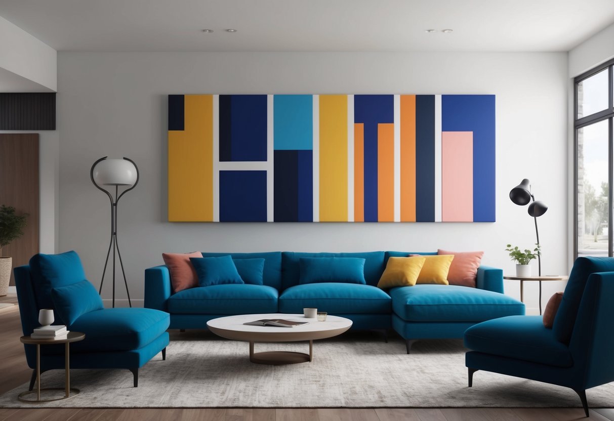 A living room with a large canvas print as the focal point, personalized with bold colors and unique designs, creating a powerful statement in the home