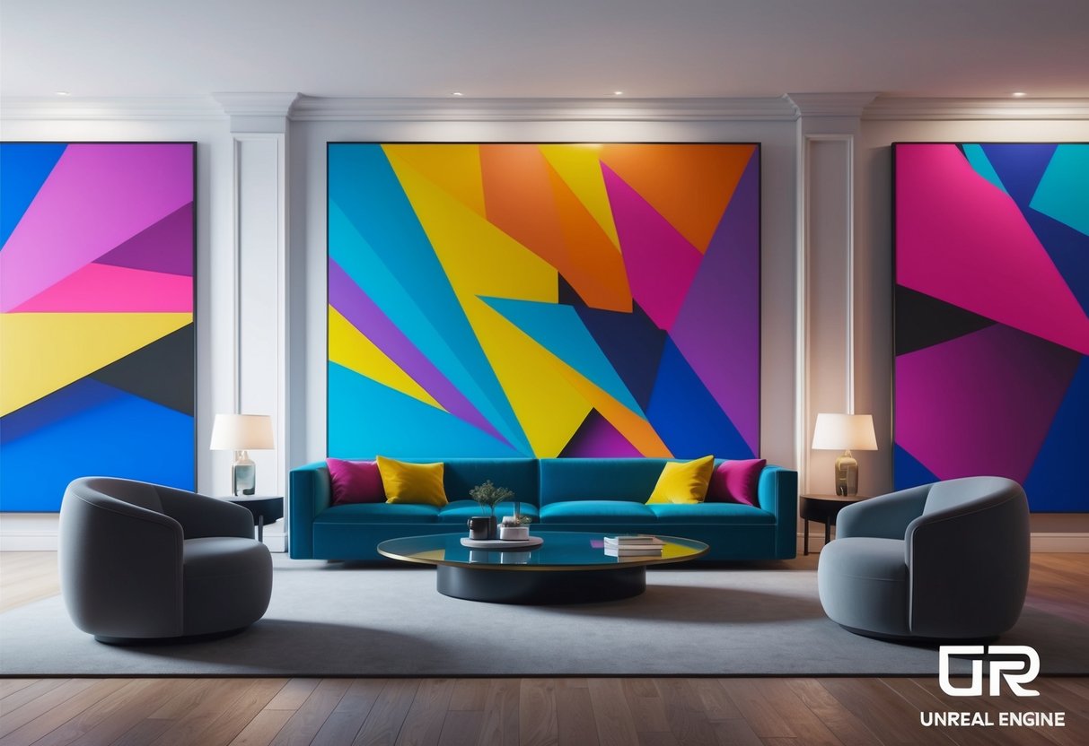 Vibrant colors and dynamic composition fill a room with large canvas prints, creating a bold and impactful statement in a home