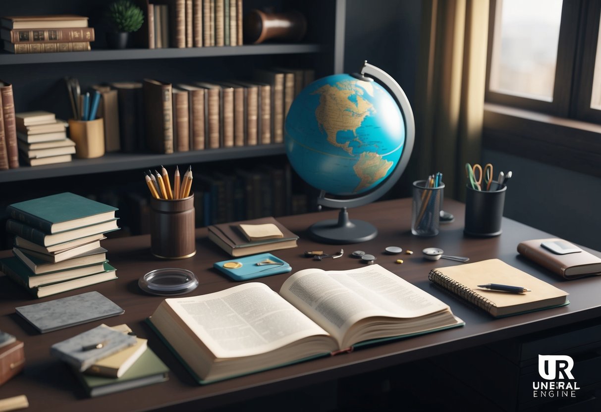 A cluttered desk with open books, a globe, and various tools and materials for learning and exploration