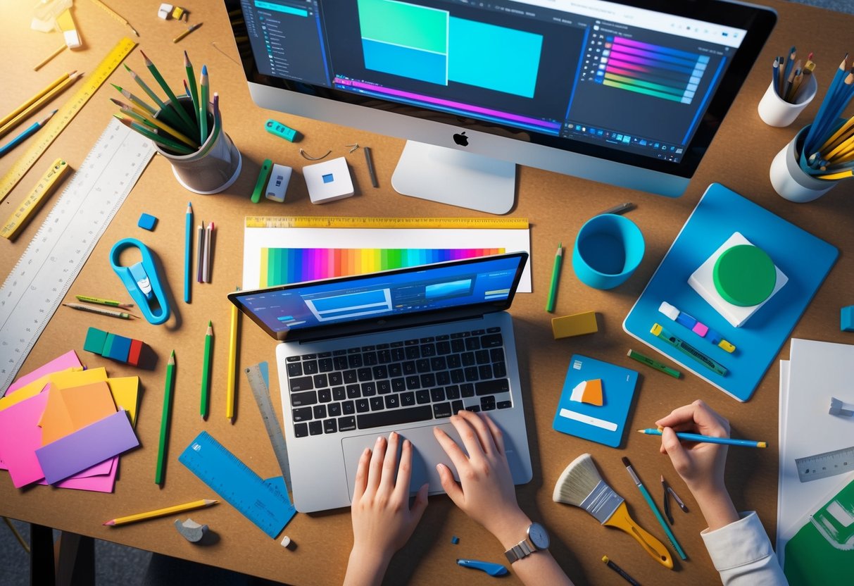 A colorful array of design tools and materials scattered across a desk, including pencils, rulers, paintbrushes, and a computer with design software open