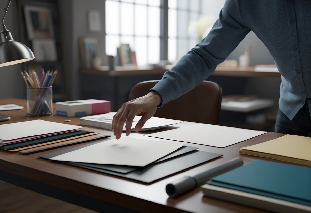 A hand reaching for various types of paper and art supplies on a desk