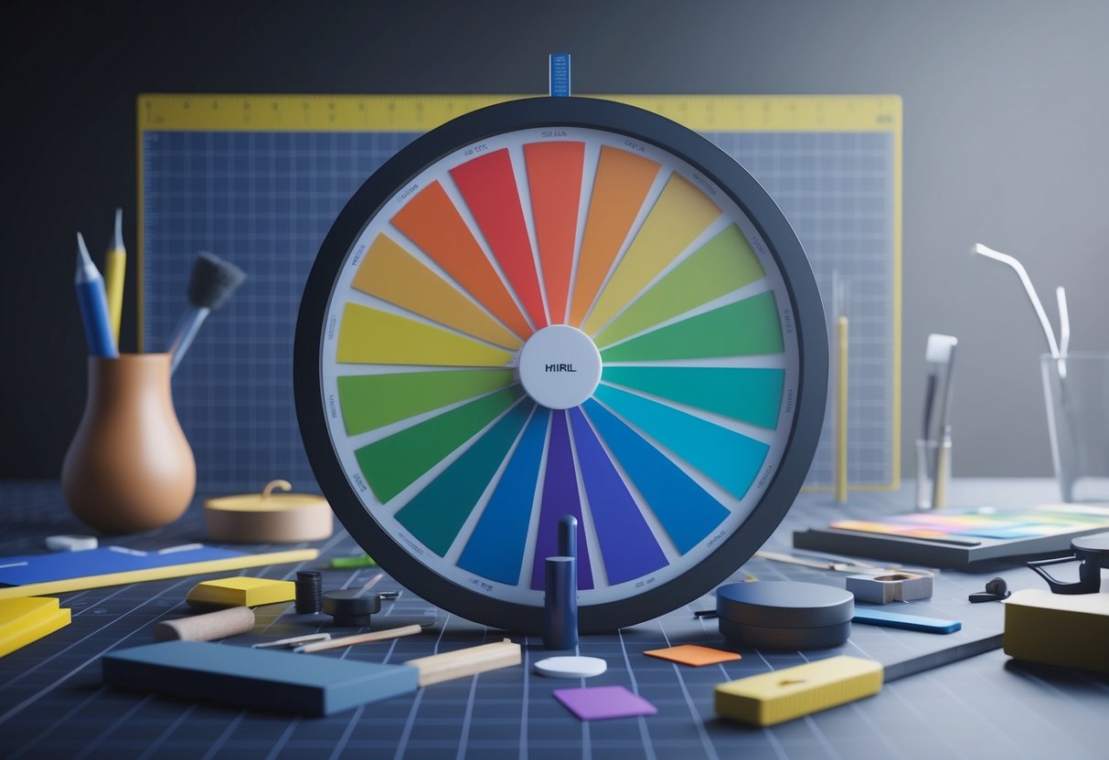 A color wheel surrounded by various design elements and tools, with a grid and ruler in the background