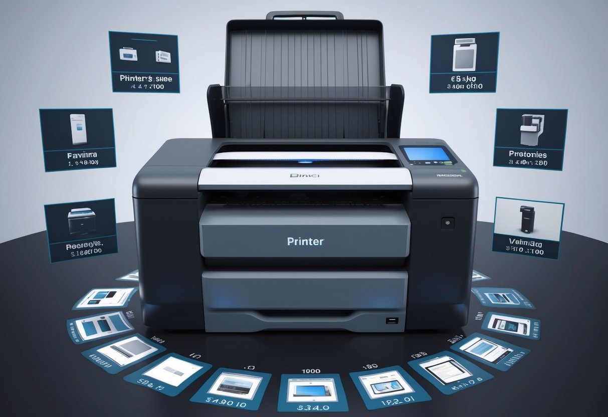 A detailed illustration of a printer with various printing techniques and resolution examples displayed around it