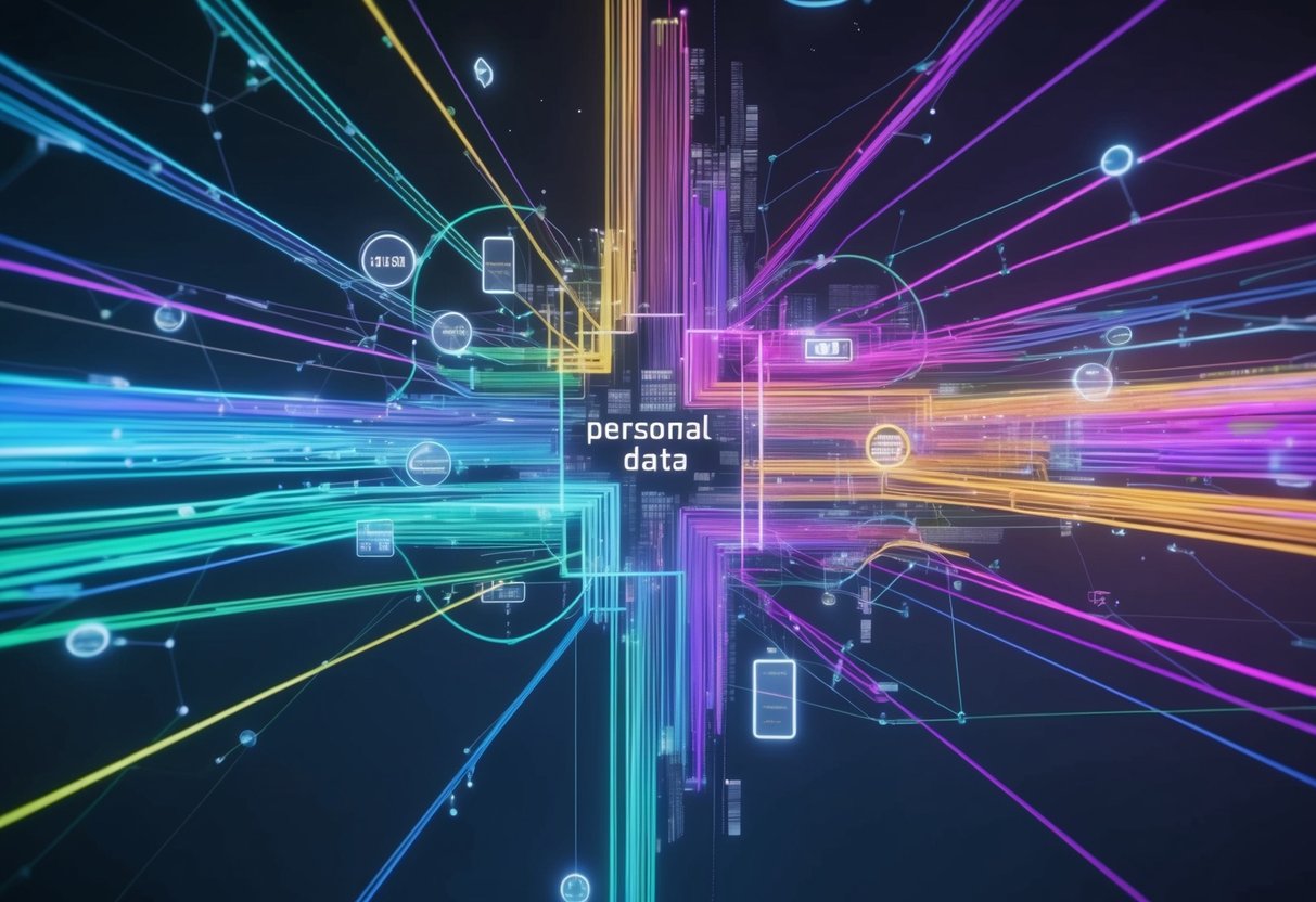 A collection of colorful, interconnected lines and shapes representing various personal data sets, floating in a digital space