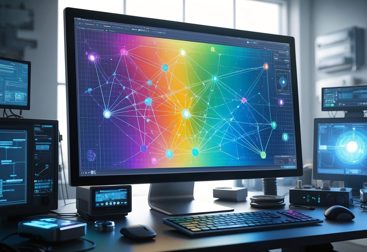 A computer screen displaying colorful, abstract data patterns with interconnected lines and shapes, surrounded by various electronic devices and tools