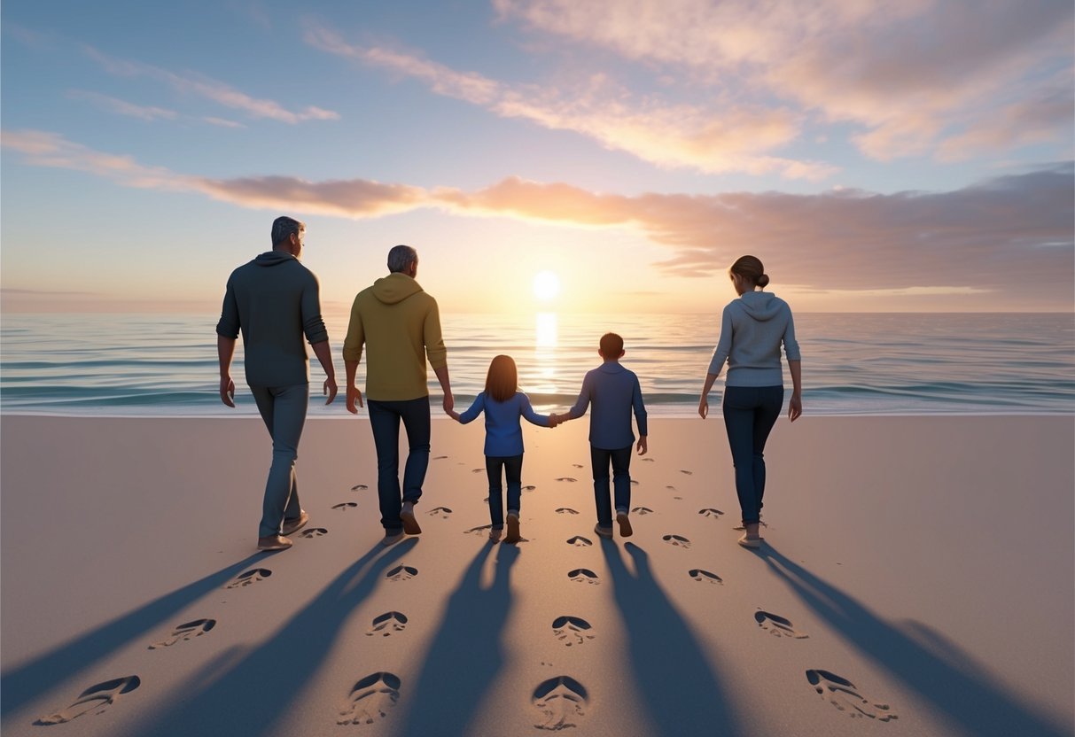 A family of four walks along a sandy beach at sunset, leaving footprints in the sand, with a colorful sky and calm ocean in the background