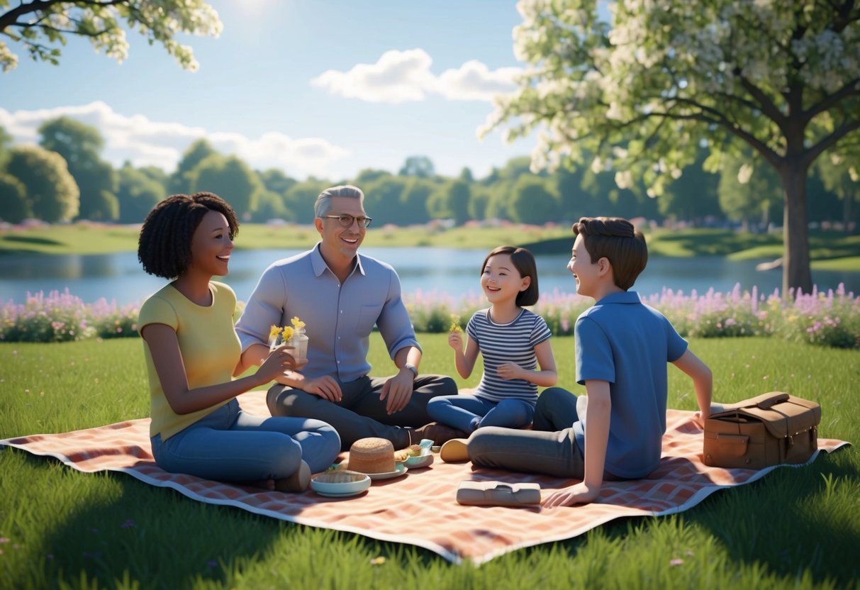 A family of four sits on a picnic blanket in a sun-dappled park, surrounded by blooming flowers and a serene lake, laughing and enjoying each other's company