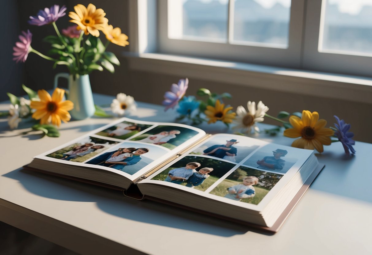 A family photo album sits open on a table, surrounded by colorful flowers and soft natural lighting streaming in from a nearby window