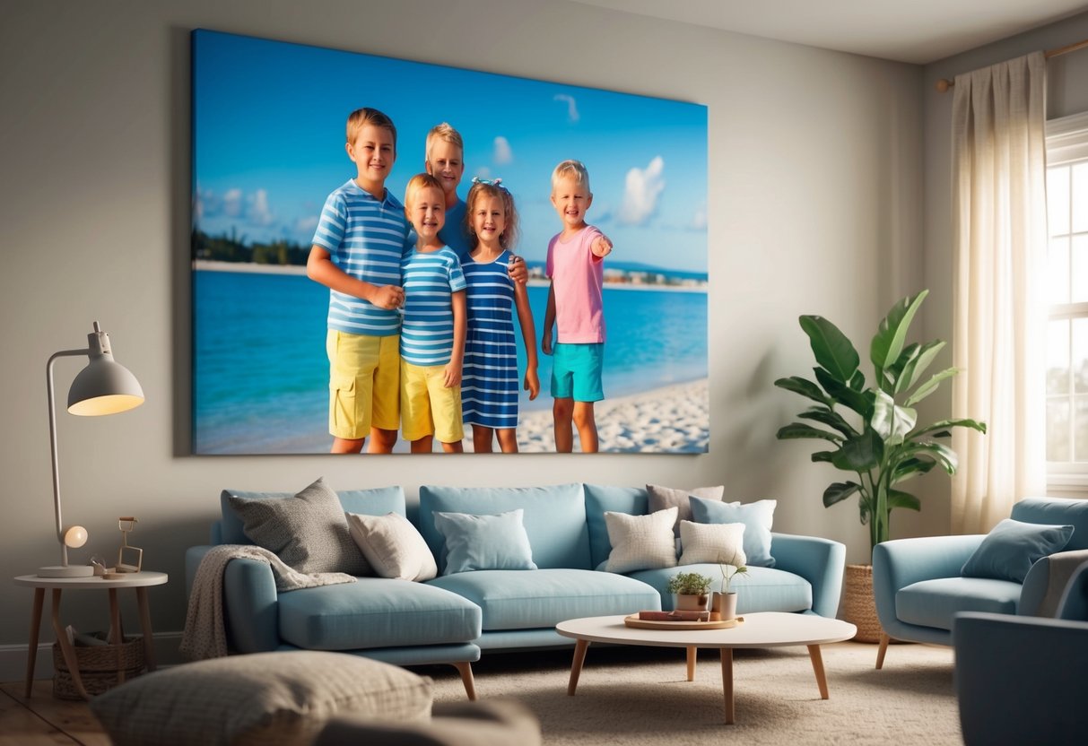 A family photo from a vacation is printed on a large canvas, hanging on a living room wall, surrounded by cozy furniture and soft lighting