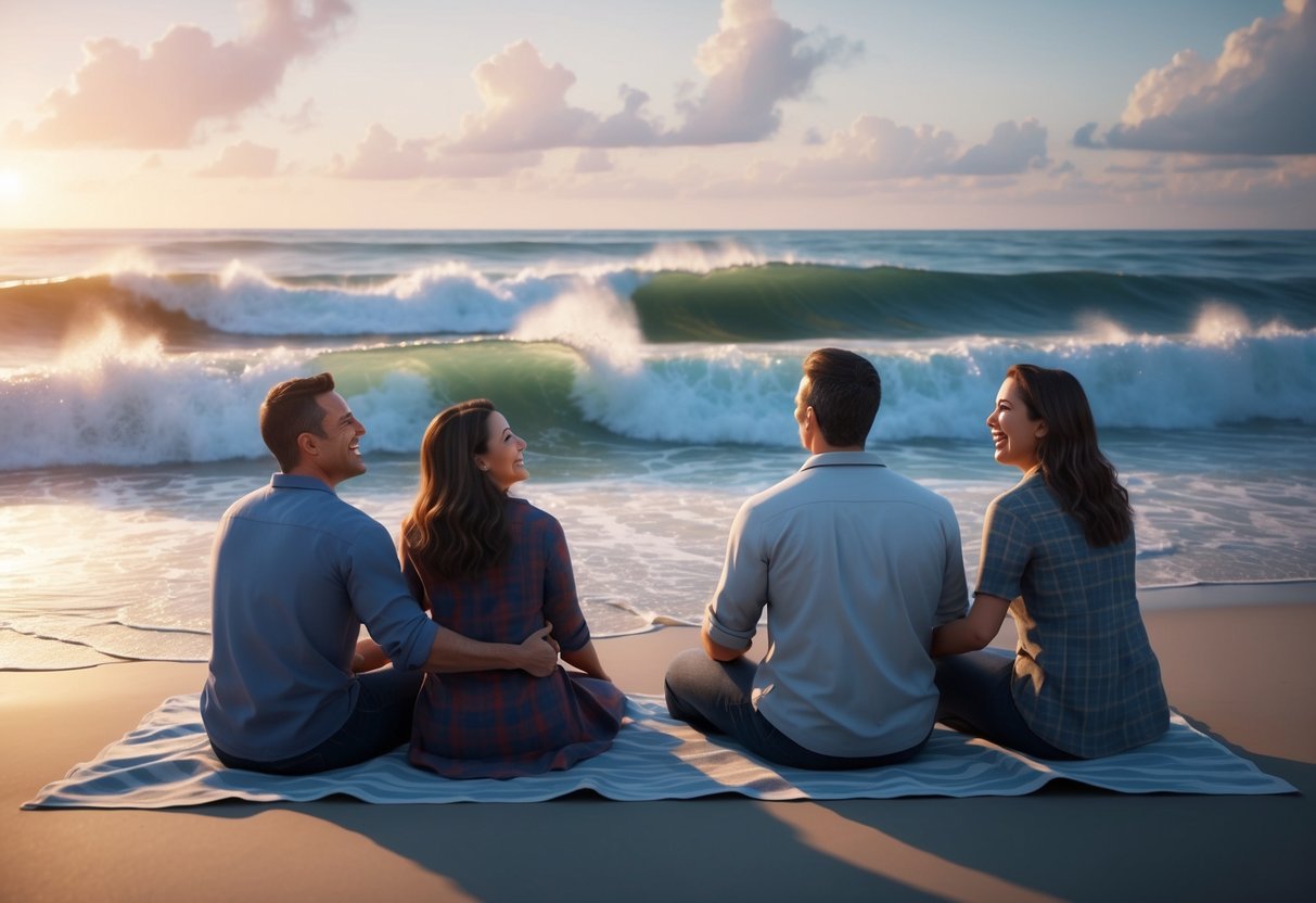 A family of four sits on a beach at sunset, watching the waves crash against the shore. Their laughter fills the air as they create cherished memories together