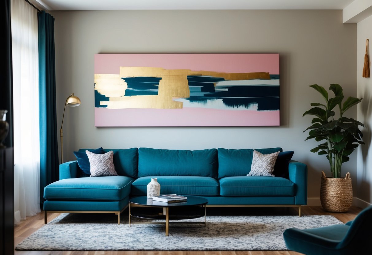 A cozy living room with a large canvas art piece hanging above a modern sofa, adding a pop of color and sophistication to the space