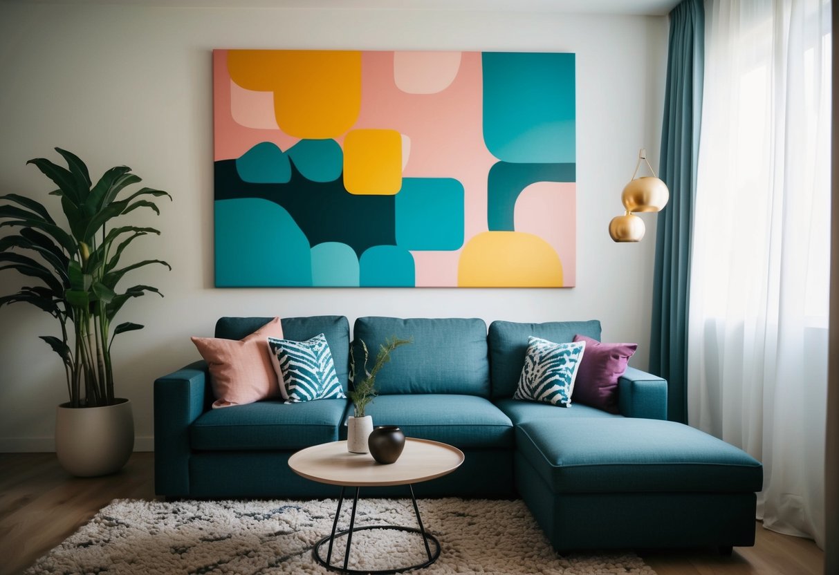 A cozy living room with a large canvas art piece hanging above a modern sofa, adding a pop of color and style to the space