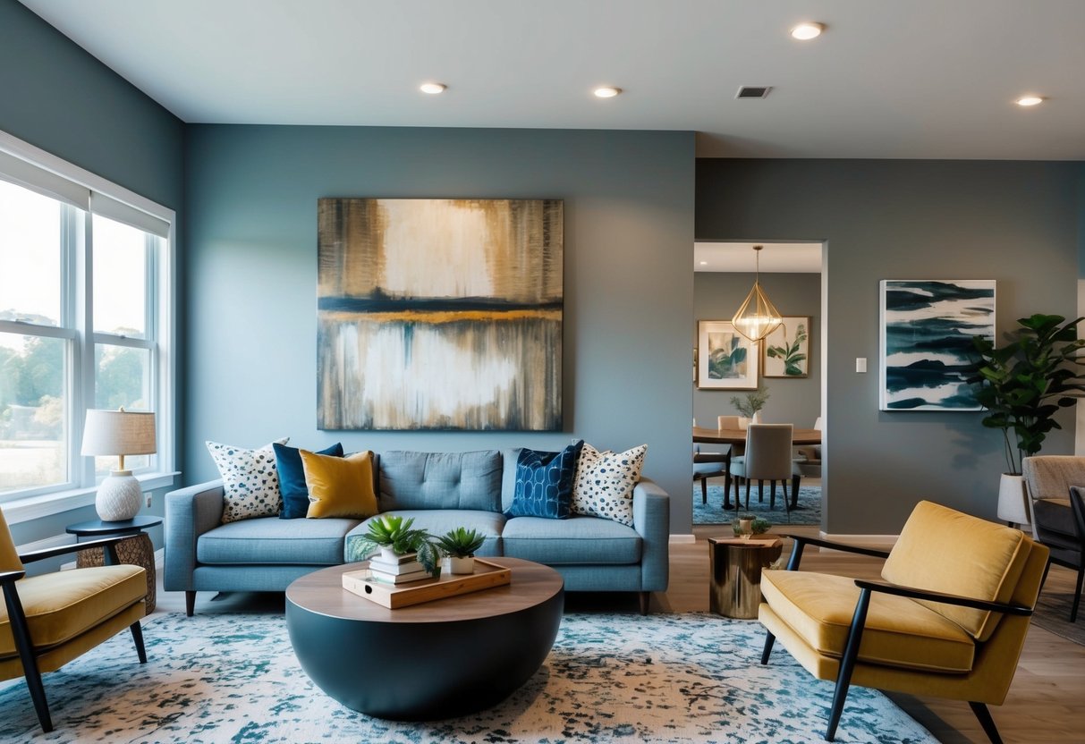 A living room with a large canvas art piece as the focal point, complemented by smaller pieces in other rooms, creating a cohesive and stylish home decor