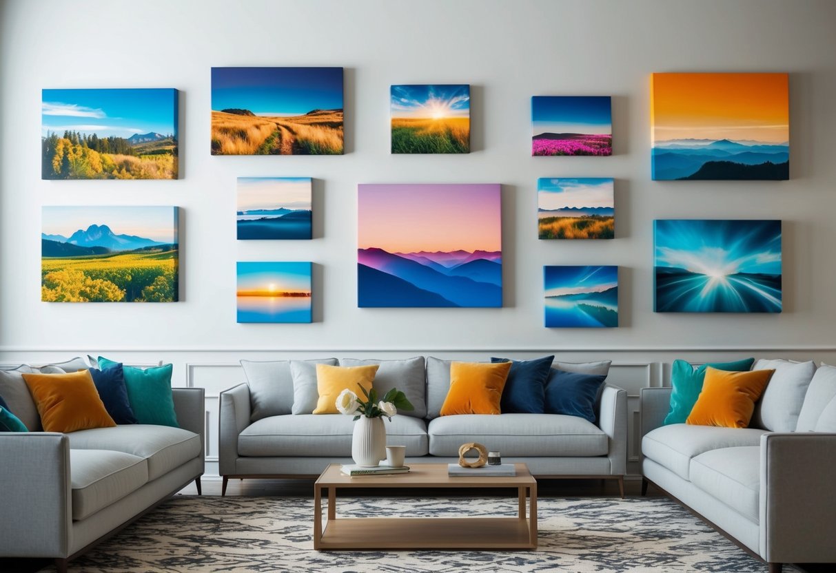 A living room with a gallery wall of canvas art in various sizes and styles, featuring landscapes, abstract designs, and vibrant colors