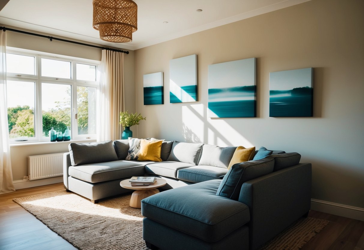 A cozy living room with natural light streaming in, illuminating a collection of canvas art pieces adorning the walls, adding a touch of elegance to the space