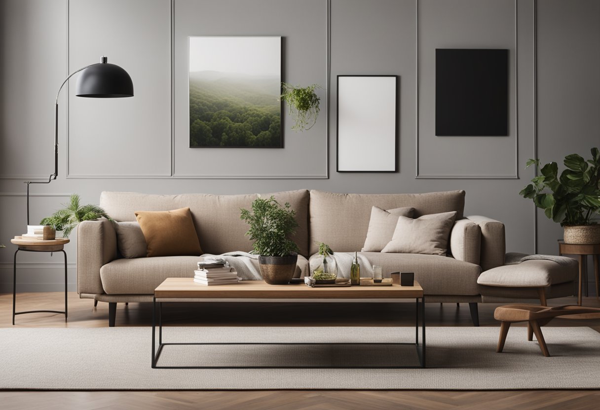 A cozy living room with a large blank wall, a comfy couch, and a coffee table. The wall is waiting for the perfect canvas art to fill the space