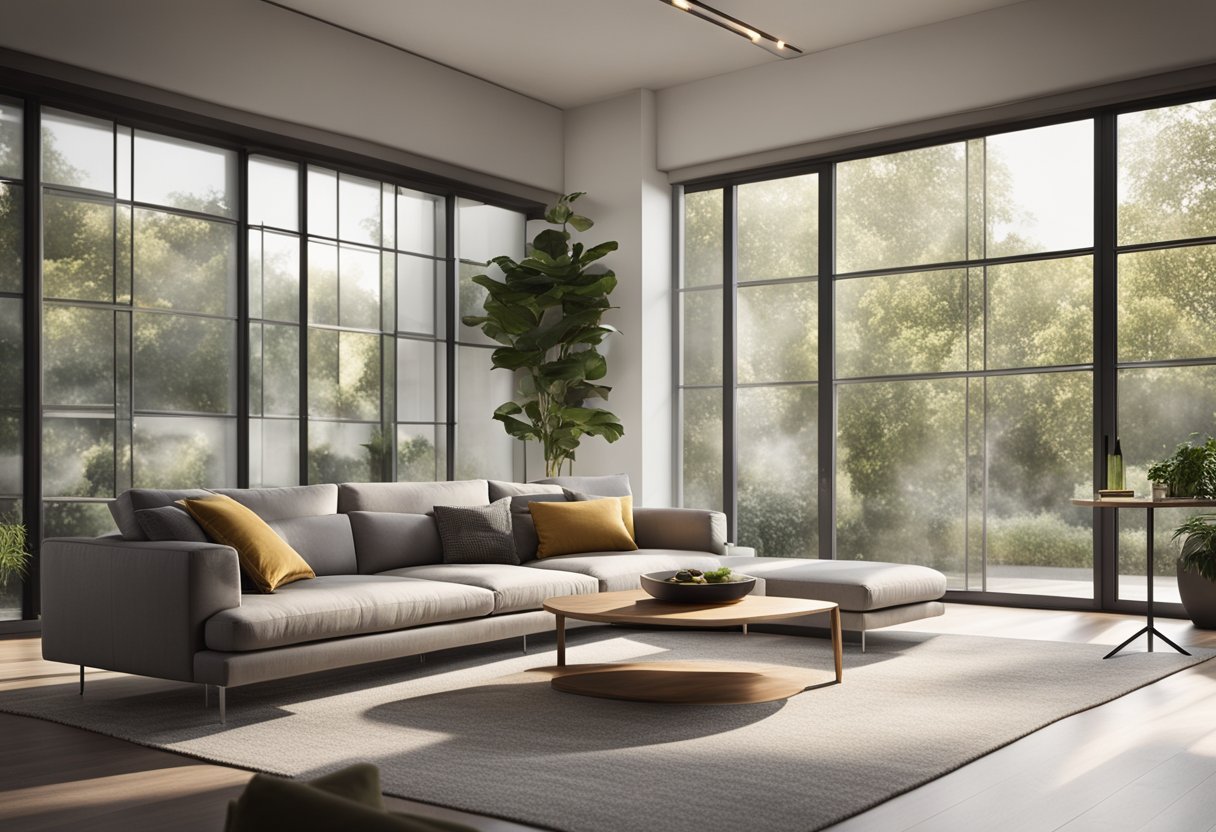 A living room with a large empty wall, a couch and coffee table, and ample natural light streaming in through the windows