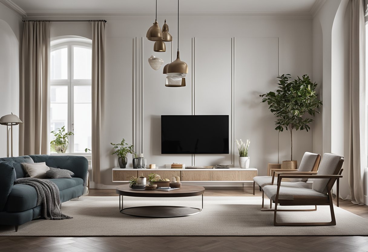 A spacious, well-lit living room with a large, bare wall. A variety of furniture and decor fill the room, leaving the wall as the perfect canvas for a statement art piece