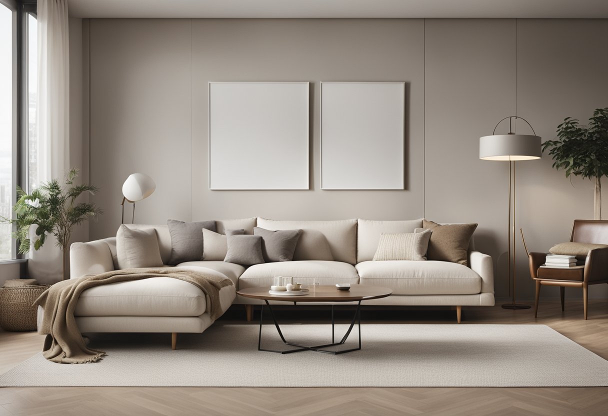 A cozy living room with a neutral color palette, featuring a large, empty wall space above a modern sofa. The room is filled with natural light, and the decor is minimalistic with clean lines and simple furnishings