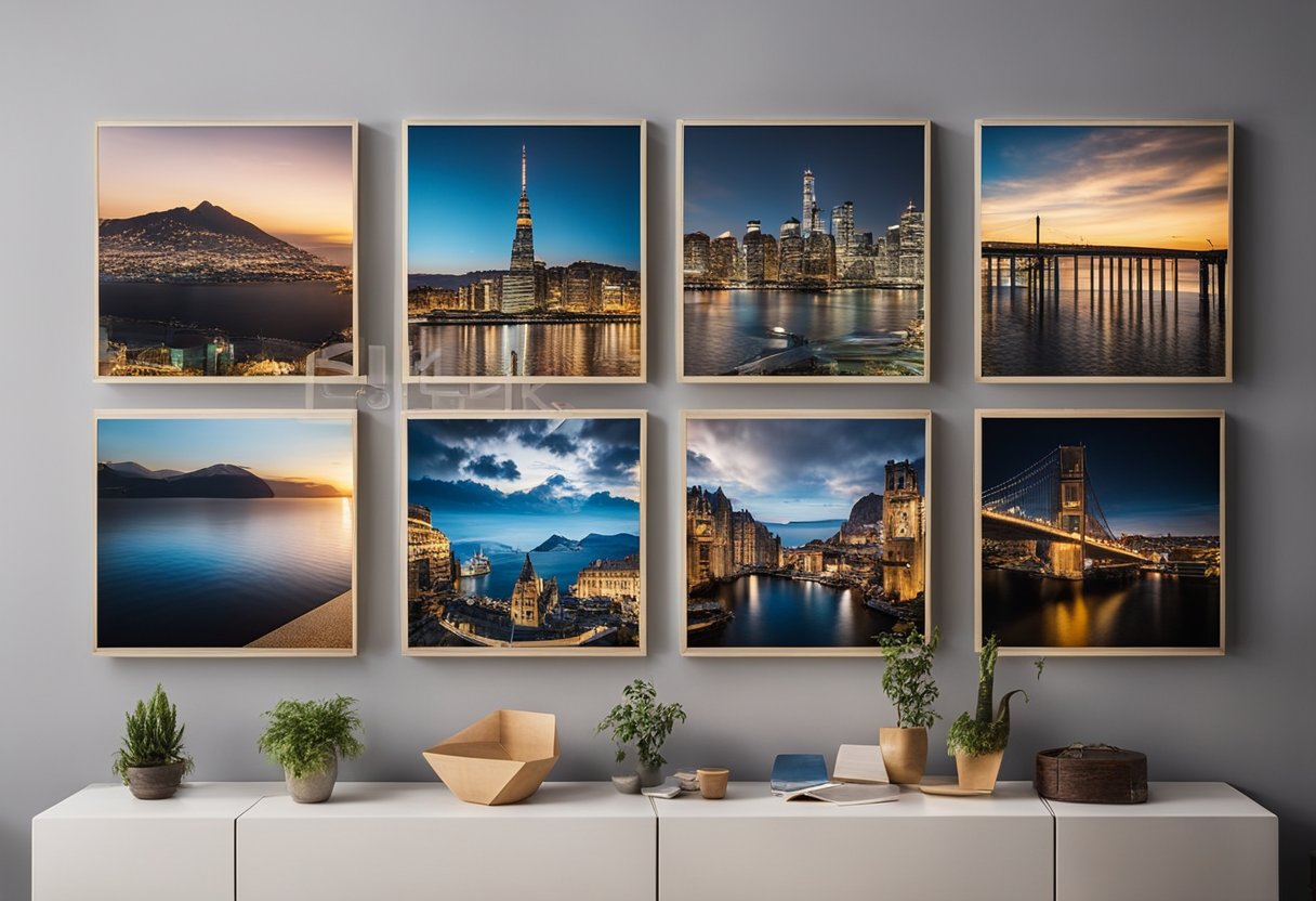 A variety of canvas art pieces hung on a wall, ranging in size and style, creating a visually appealing and harmonious display