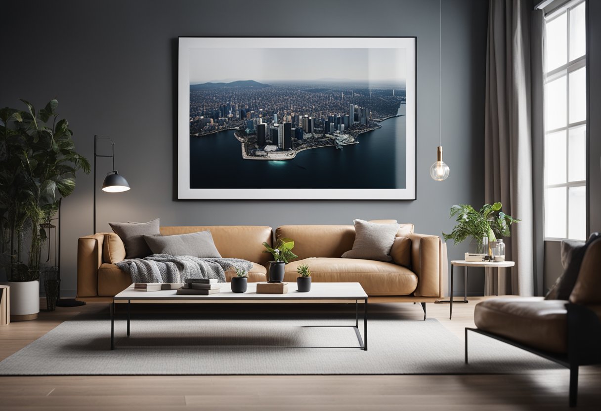 A living room with a large blank wall, a couch and a coffee table, with a person holding a canvas art piece and contemplating where to hang it