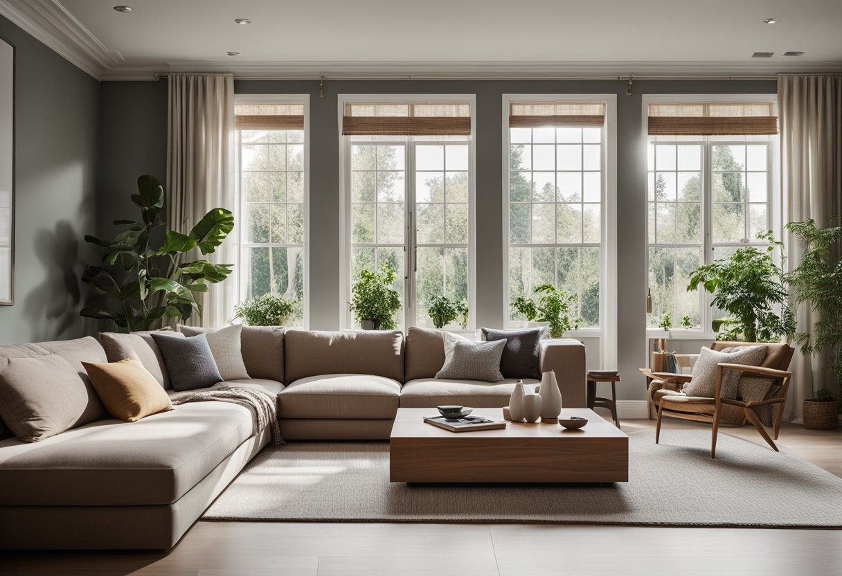 A cozy living room with a large empty wall space, a comfortable sofa, and a coffee table. The room is filled with natural light from the windows, creating a warm and inviting atmosphere