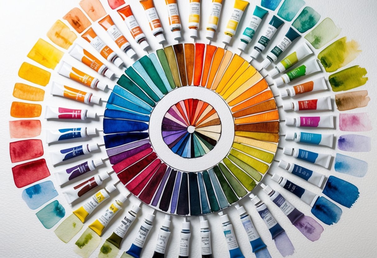 A colorful array of paint tubes and swatches arranged in a circular pattern, demonstrating the harmony of colors on the color wheel