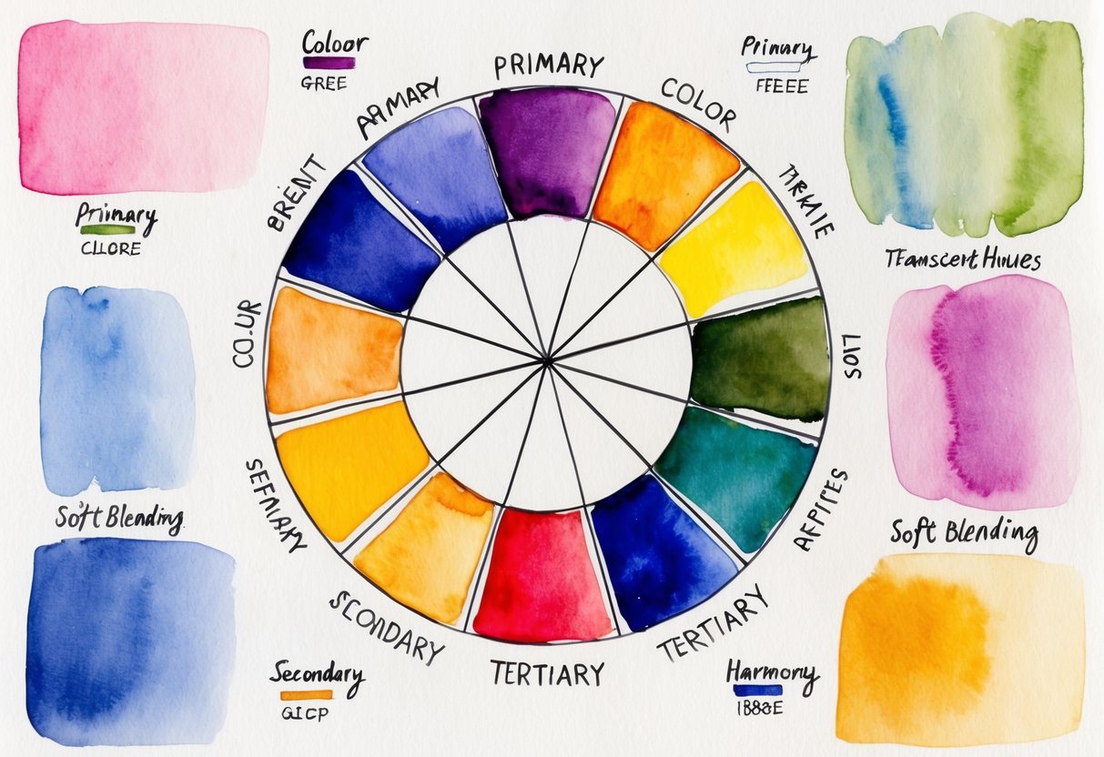 A color wheel with primary, secondary, and tertiary colors arranged in a circular pattern, surrounded by examples of color harmony schemes