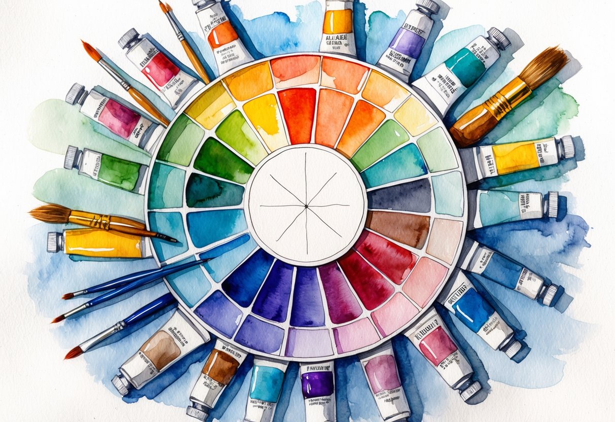 A color wheel surrounded by various paint tubes and brushes, with different shades and tones displayed in a harmonious arrangement