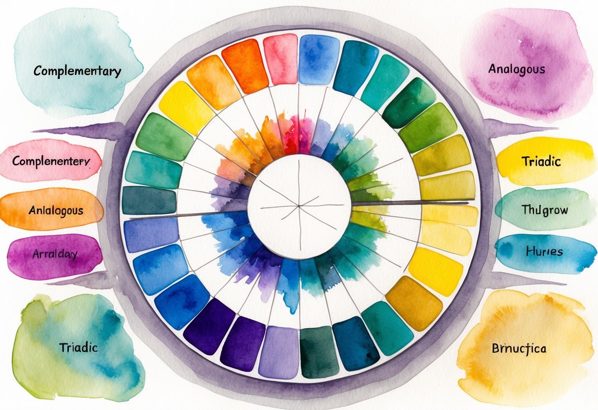 A color wheel with various hues arranged in harmony, surrounded by examples of complementary, analogous, and triadic color schemes