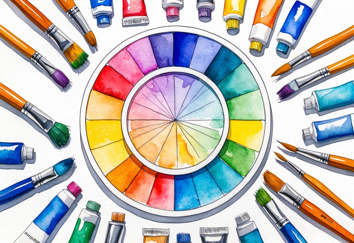 A color wheel surrounded by various paintbrushes and tubes of paint, with a palette of vibrant colors mixing in the center