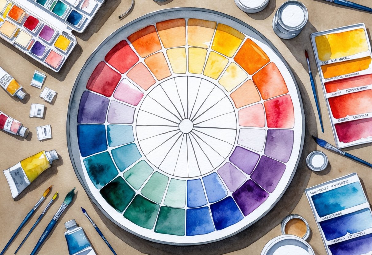 A color wheel with warm and cool colors arranged in harmony, surrounded by art supplies and paint swatches