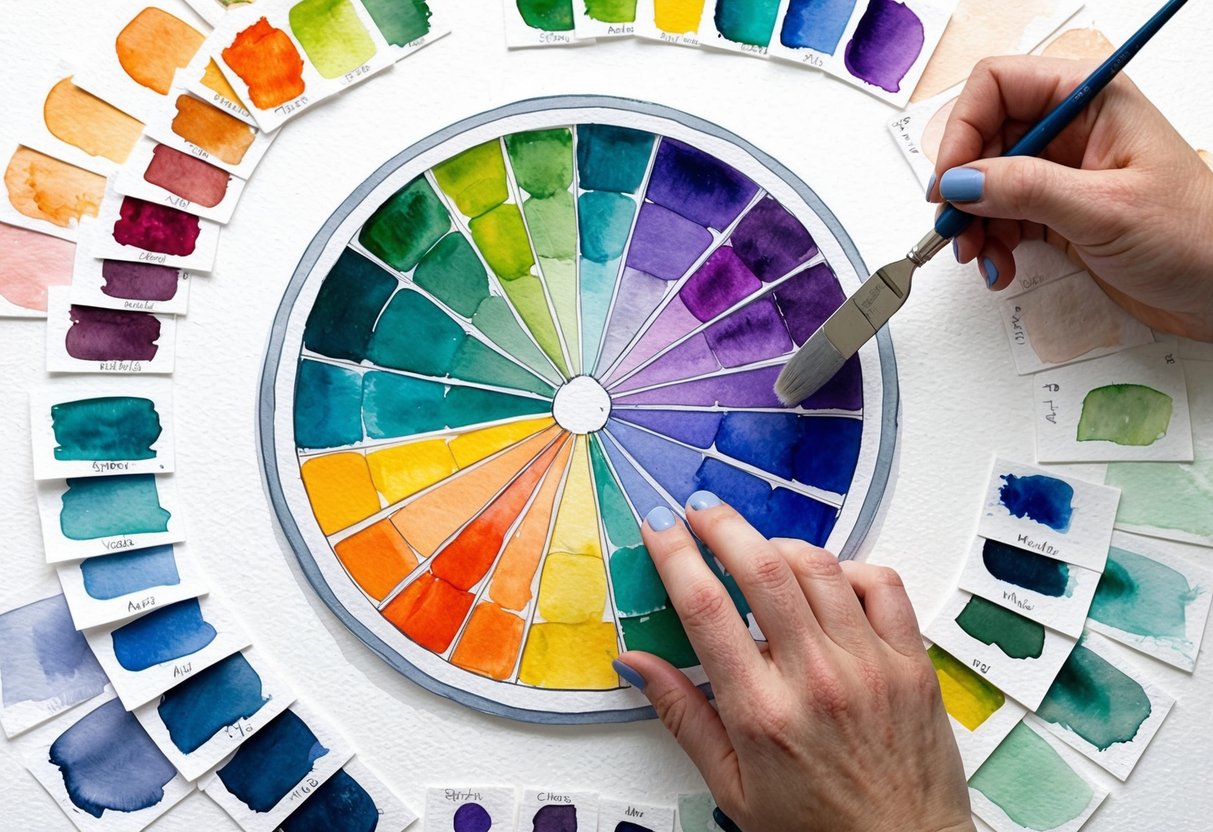 A color wheel surrounded by various paint swatches, with a hand adjusting the hues and tones using a palette knife and mixing palette