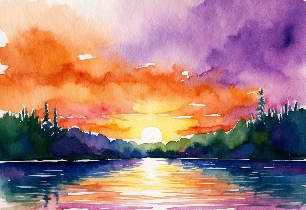 A vibrant sunset over a tranquil lake, with the sky transitioning from warm oranges to cool purples, reflected in the water