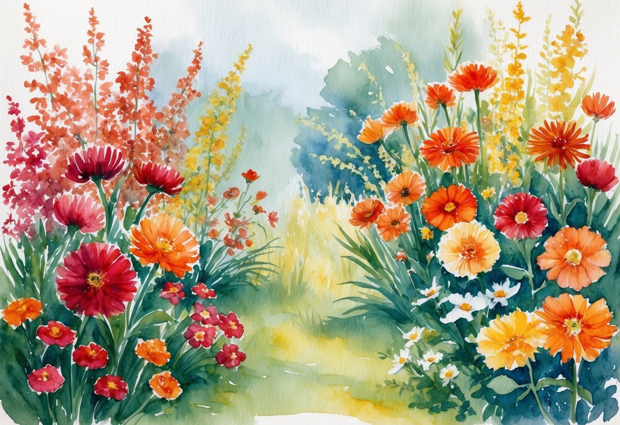 A tranquil garden with a variety of flowers in shades of red, orange, and yellow, all blending together in harmonious unity