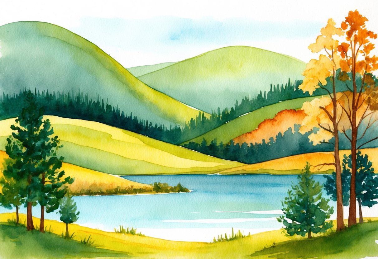 A serene landscape with rolling hills and a calm lake, surrounded by trees in varying shades of green, yellow, and orange